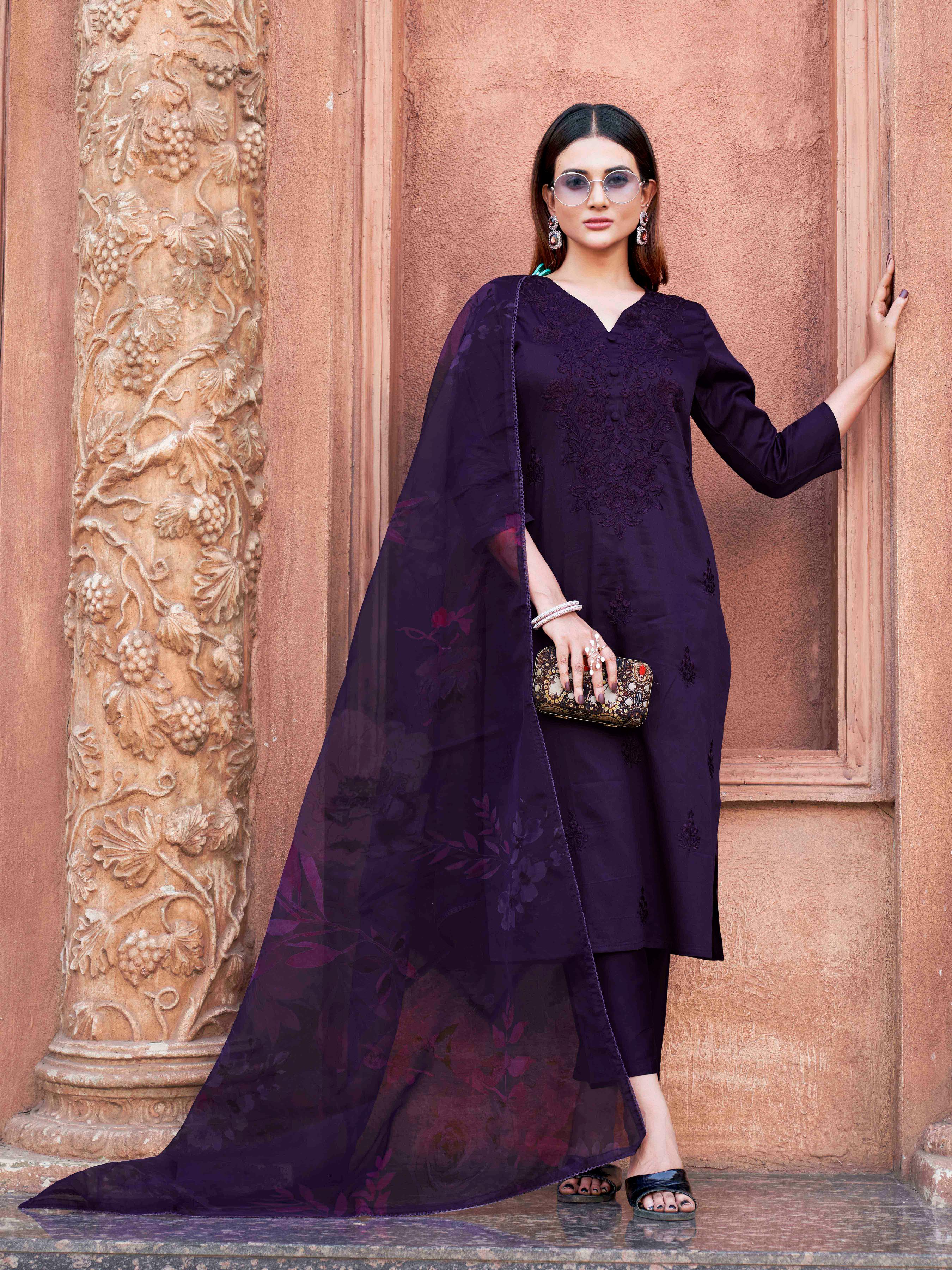 Dark Purple Cotton Blend With Tonal Thread Embroidered Kurta Set